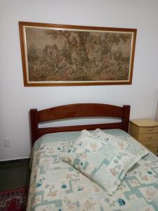 ein Bett mit einer Decke und einem Gemälde an der Wand in der Unterkunft Condomínio Vila Paradiso in Serra Negra