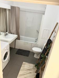 La salle de bains est pourvue d'un lavabo, de toilettes et d'une douche. dans l'établissement F2 Charmant avec Grande Terrasse, à Corbeil-Essonnes