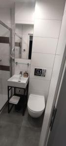 a white bathroom with a toilet and a sink at Apartament Miedzianka III in Polkowice
