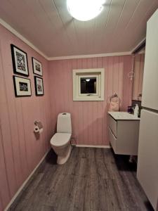 różowa łazienka z toaletą i umywalką w obiekcie Rekdal w mieście Vestnes