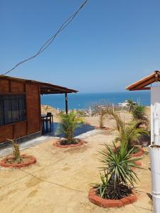 uma casa na praia com palmeiras e o oceano em Cabana con Vista al Mar em La Bocana