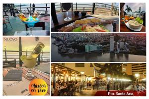 un collage de fotos de diferentes restaurantes y bebidas en MiniSuite Torres Bellini Vista ThePoint, en Guayaquil