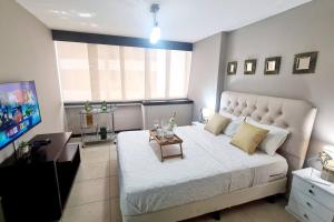 1 dormitorio con 1 cama grande y TV de pantalla plana en MiniSuite Torres Bellini Vista ThePoint, en Guayaquil