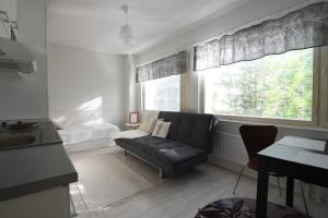 uma sala de estar com um sofá e uma janela em Matkustajakoti Evakko asunnot em Seinäjoki