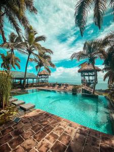 una piscina con palmeras y el océano en Hacienda Cocuyo, en Monte Rojo