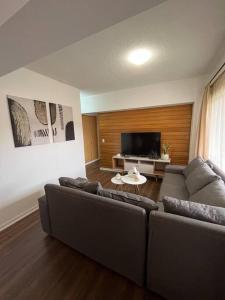 a living room with two couches and a flat screen tv at Hermoso departamento en playa Frutillar Bajo in Frutillar +7 photos