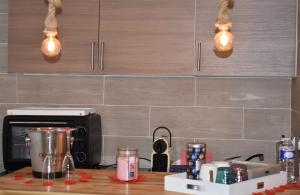 a kitchen counter with a microwave and some lights at L'escale du Donon "Le Jardin Secret" in Grandfontaine