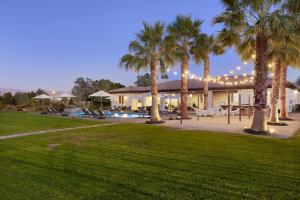 a house with palm trees in front of a yard at Strut Oasis 70 - Play, Relax, Walk to Coachella Festival! in Indio