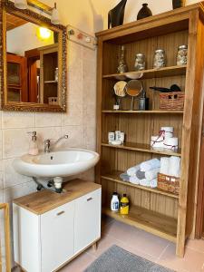 uma casa de banho com um lavatório e um espelho em Krásný apartmán v bráně Lužických hor em Cvikov