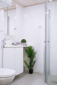 a bathroom with a shower and a toilet and a plant at Culture center of Oulu studio in Oulu