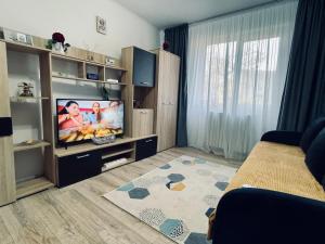 a living room with a flat screen tv in a room at GataBagajul Apartments - Vaslui in Vaslui