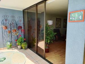 a room with glass doors and potted plants on the wall at Espectacular Departamento frente al mar in Antofagasta