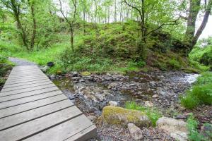 a wooden bridge over a stream in a forest at Sunny Brow Barn in Ambleside