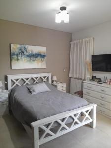 1 dormitorio con 1 cama, vestidor y TV en excelente casa con pileta en Luján de Cuyo