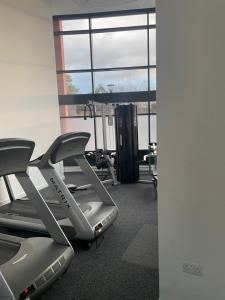 a gym with two treadmills in front of a window at High vibes home in Chelmsford