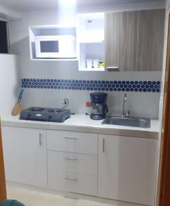 encimera de cocina con fregadero y microondas en Apartamentos en San Andres a 1 Cuadra de la Playa en el Centro, en San Andrés