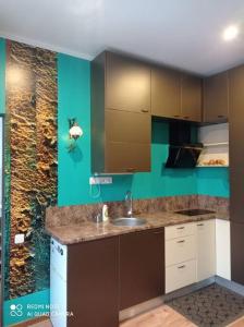 a kitchen with a sink and a blue wall at Riga, Jelgavas street 48. in Rīga