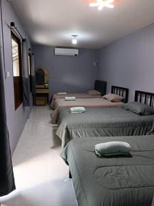 3 camas en una habitación con paredes azules en ชิดชล โฮมสเตย์ แอทอัมพวา, en Bang Khon Thi