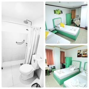 two pictures of a bathroom with a toilet and a shower at Demiren Hotel in Cagayan de Oro