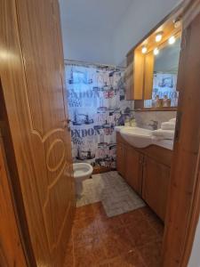 uma casa de banho com um WC, um lavatório e um espelho. em The mulberry apartment em Korfos