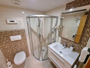 y baño con ducha, aseo y lavamanos. en Apartman Vučko 118 en Jahorina