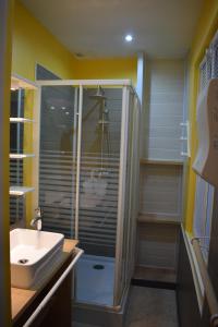 y baño con ducha y lavamanos. en Appartement familial T3 avec sauna 8 personnes, en Eaux-Bonnes