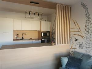 cocina con armarios blancos y sofá azul en Le Château des Abeilles - appartement récemment rénové - proche centre village et route des vins, en Scherwiller