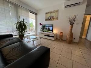 uma sala de estar com um sofá e uma televisão em L'Ecume em Saint-Cyprien