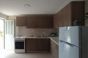 a kitchen with wooden cabinets and a white refrigerator at Tzoumerka Guest House in Rámia