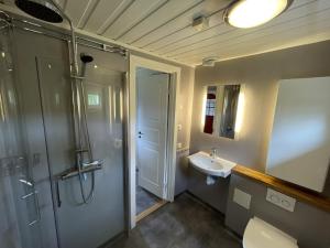 a bathroom with a shower and a toilet and a sink at Lullens Stugby - Stugorna 1-5 in Bruksvallarna