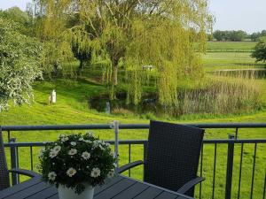 a table and two chairs with a flower pot on a balcony at Ferien-Residenz am Nationalpark Wohnung 6 in Gingst