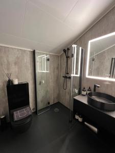 y baño con lavabo, aseo y ducha. en Basecamp Hotel en Longyearbyen