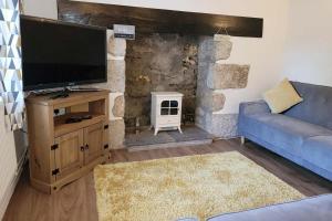 a living room with a blue couch and a flat screen tv at The Brooks in Crowan