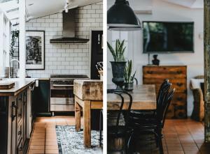 two images of a kitchen with a table and chairs at The Station House Daylesford in Daylesford