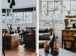 two images of a living room with a couch and a table at The Station House Daylesford in Daylesford