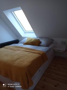 um quarto com uma cama e uma clarabóia em Drei-Seiten-Hof Étable mit Schwimmteich und Klimanlage em Fuchshain