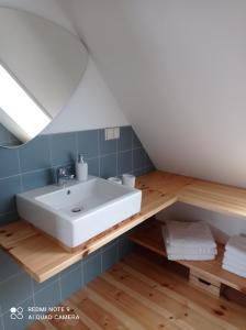 uma casa de banho com um lavatório branco e azulejos azuis em Drei-Seiten-Hof Étable mit Schwimmteich und Klimanlage em Fuchshain