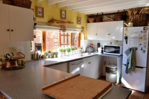 a kitchen with a white refrigerator and a counter top at Dullies Cottage in Dullstroom