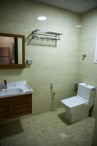 a bathroom with a sink and a toilet and a mirror at Park Complex in Salalah