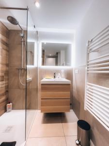 a bathroom with a shower and a sink at Gîte des Victoires in Mulhouse