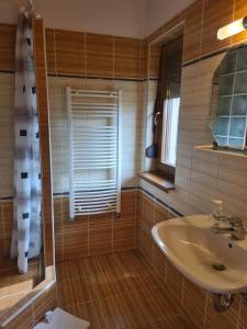 un bagno con lavandino e doccia con finestra di Mediterrán Apartman és Vendégház a Hajdúszoboszló
