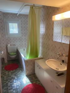 a bathroom with a green shower curtain and a sink at Ferienwohnung Allalinblick in Saas-Fee