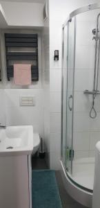 华沙Apartament Złota 60- Warsaw的带淋浴和水槽的白色浴室 更多6张照片
