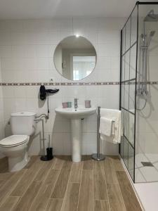 uma casa de banho com um WC, um lavatório e um espelho. em Apartamentos Turísticos LOS BARRUECOS em Cáceres