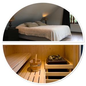 two pictures of a room with a bed and a tub at B&B De Drentse Es in Emmen