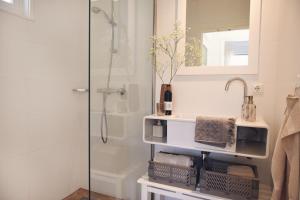 La salle de bains est pourvue d'une douche, d'un lavabo et d'un miroir. dans l'établissement Strandplekje, à Callantsoog