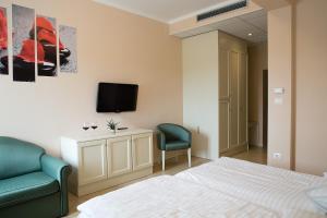 a bedroom with a bed and two chairs and a tv at Hotel Kozana in Dobrovo