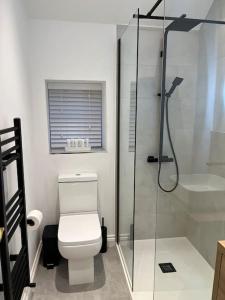 a bathroom with a toilet and a glass shower at Mount Cottage in Conwy +7 photos