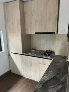 eine Küche mit Holzschränken und einem Waschbecken in der Unterkunft Casa Familiei in Braşov