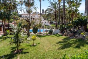 podwórko z palmami i basenem w obiekcie Oasis 16 w mieście Nerja